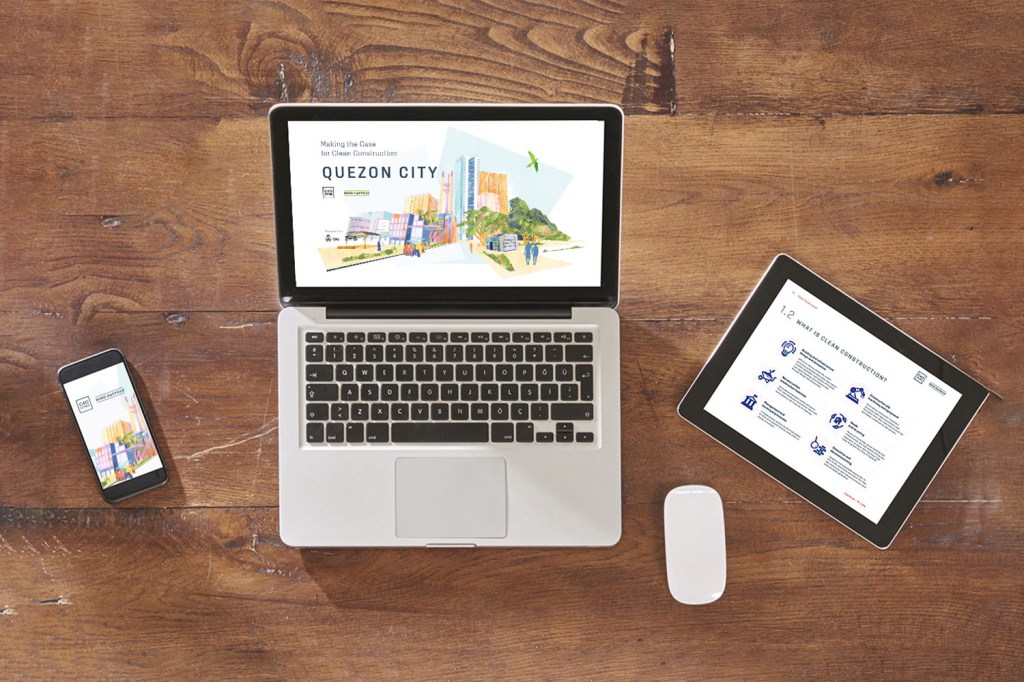 A mobile phone, a laptop, and a tablet showing pages of a report