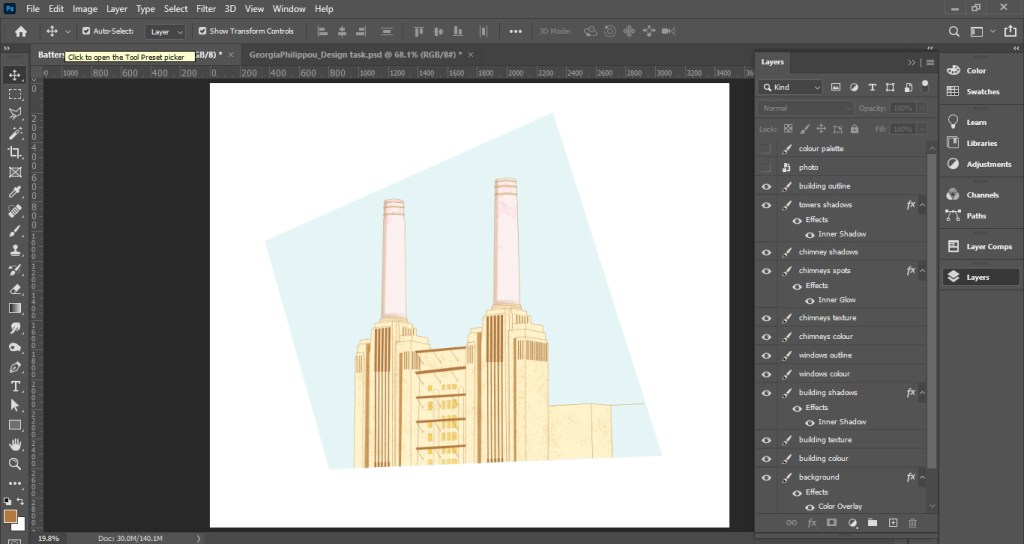 Adobe Photoshop interface with an illustration of Battersea Power Station